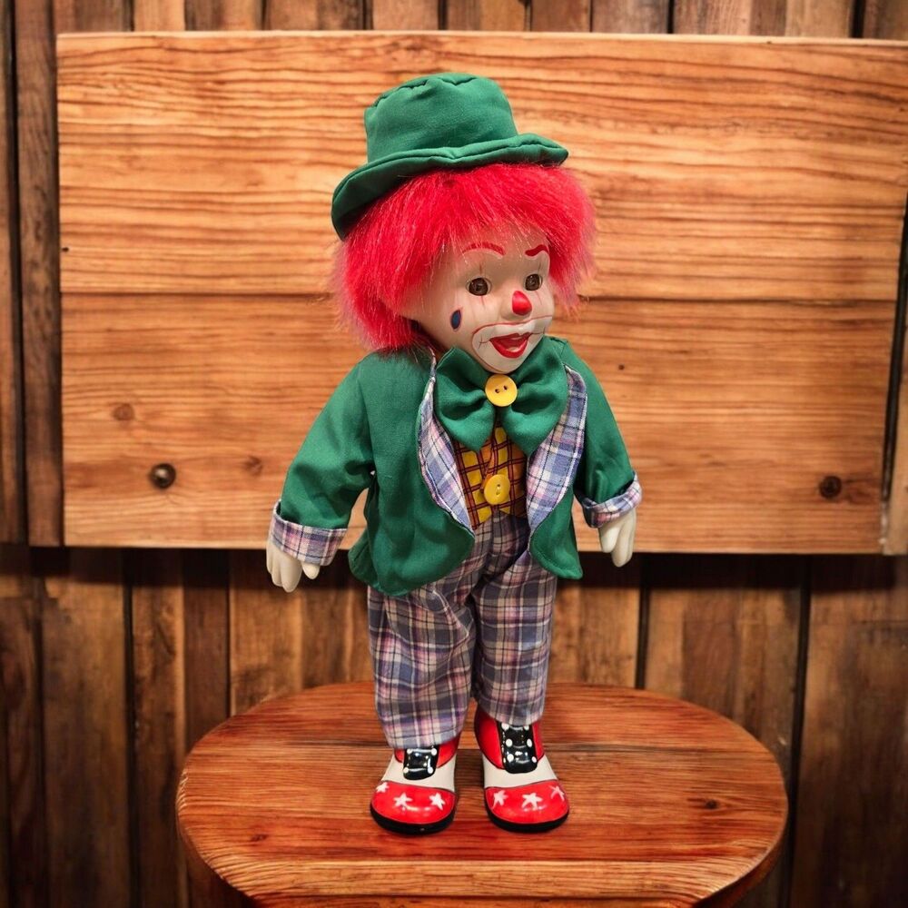 Vintage 14" Porcelain Hobo Clown Figurine with Plaid Pants and Big Circus Shoes